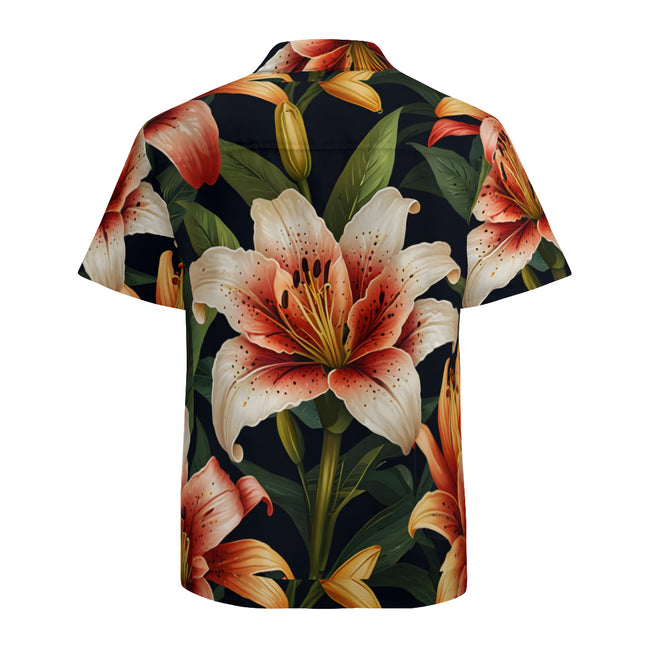 Lily Flower Pattern Men's Casual Short-Sleeved Shirt