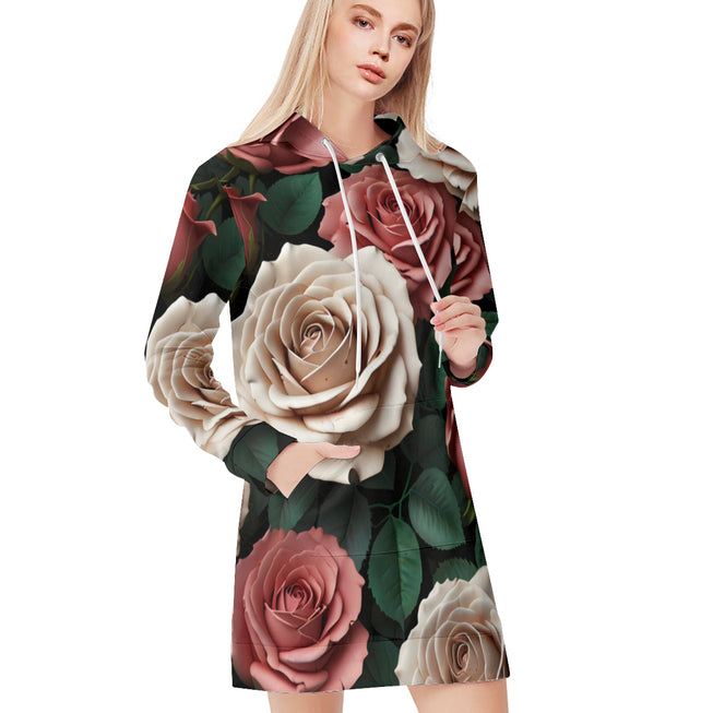 Rose Pattern Women Long Sleeve Casual Hoodie Sweatshirt Dress