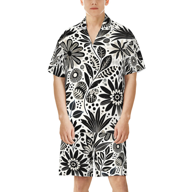 Black Floral Shapes Men's Shirt And Short Set