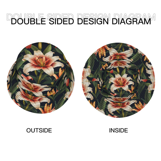 Lily Flower Pattern Double-Sided Unisex Polyester Bucket Hat