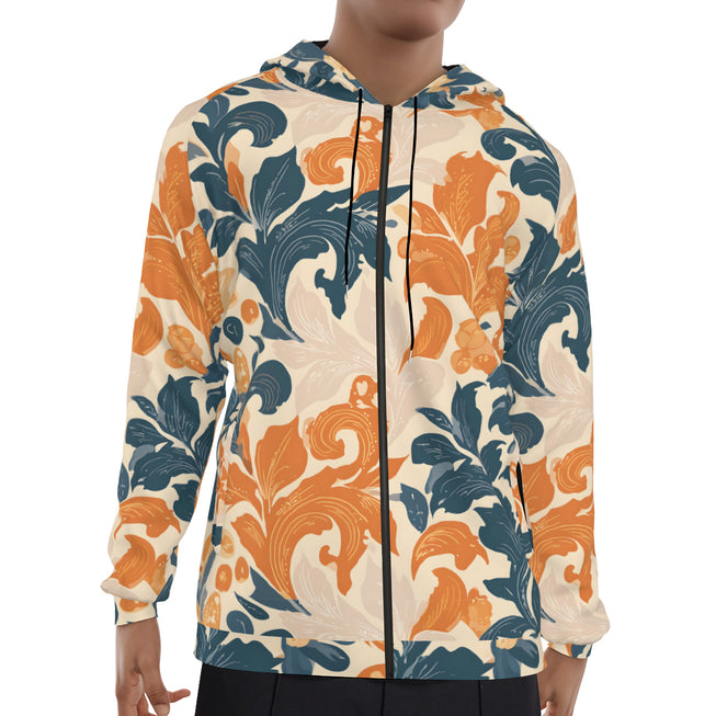 Orange Floral Men's Zip Up Hoodie