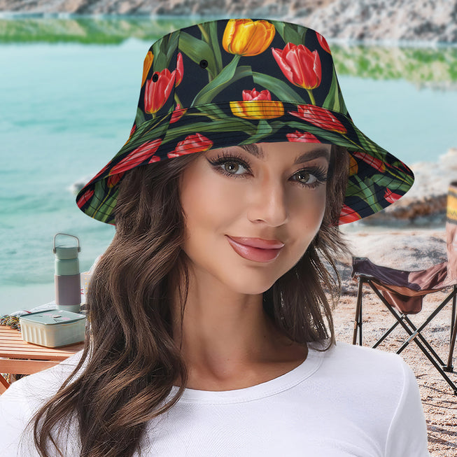 Tulip Pattern Double-Sided Unisex Polyester Bucket Hat