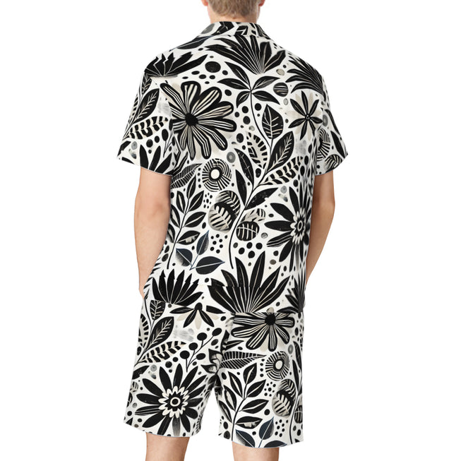 Black Floral Shapes Men's Shirt And Short Set