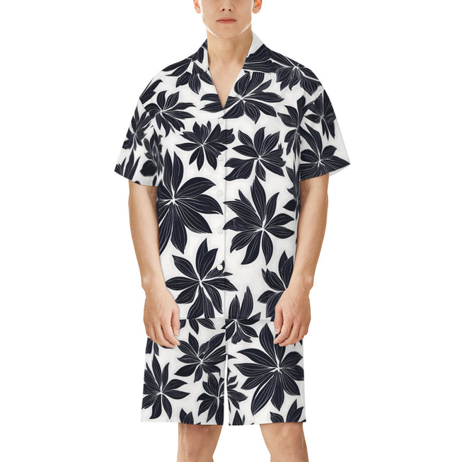 Black Floral Shapes Men's Shirt And Short Set