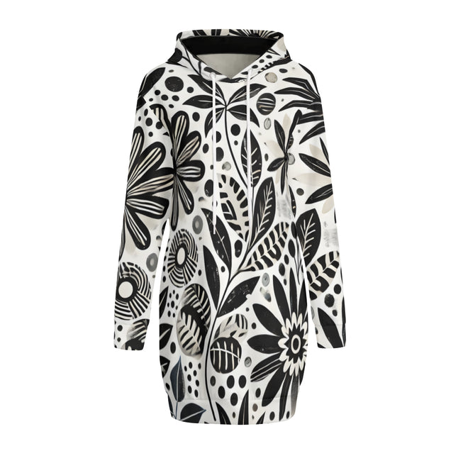 Black Floral Shapes Women Long Sleeve Casual Hoodie Sweatshirt Dress