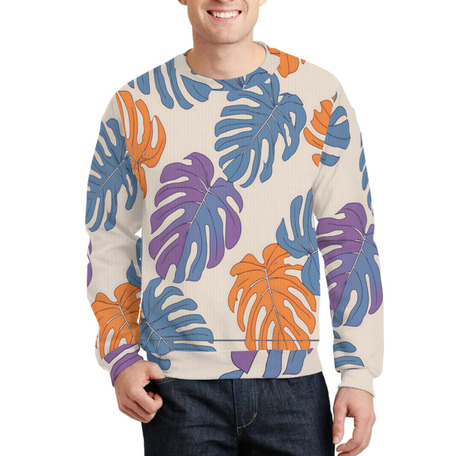 Bold Tropical Leaf Pattern Crew Neck Sweater