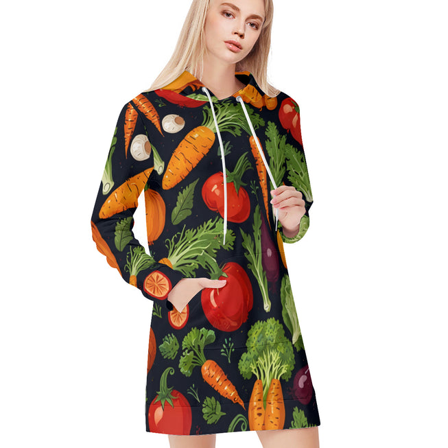 Veggies Pattern Women Long Sleeve Casual Hoodie Sweatshirt Dress