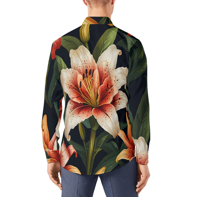 Lily Flower Pattern Men's Classic Long-Sleeved Shirt