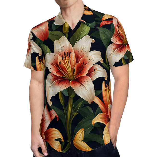 Lily Flower Pattern Men's Casual Short-Sleeved Shirt