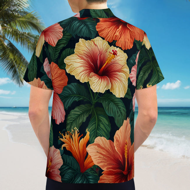 Hibiscus Tropical Pattern Men's Casual Short-Sleeved Shirt