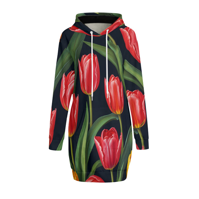 Tulip Pattern Women Long Sleeve Casual Hoodie Sweatshirt Dress