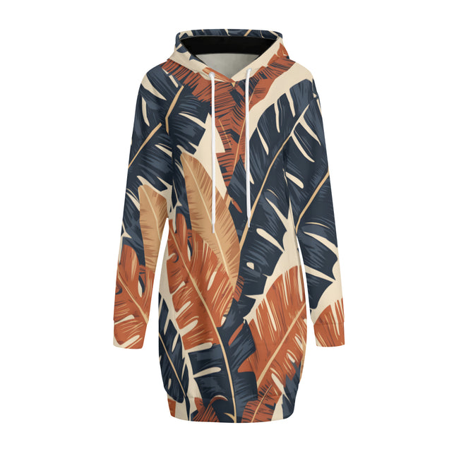 Tropical Leaves Pattern Women Long Sleeve Casual Hoodie Sweatshirt Dress