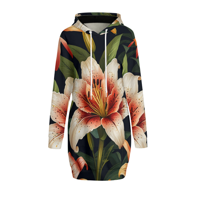 Lily Flower Pattern Women Long Sleeve Casual Hoodie Sweatshirt Dress