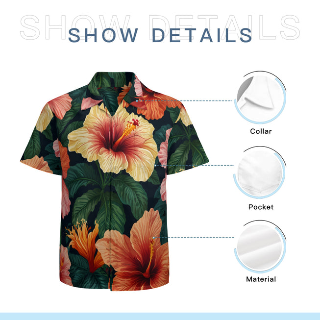 Hibiscus Tropical Pattern Men's Casual Short-Sleeved Shirt