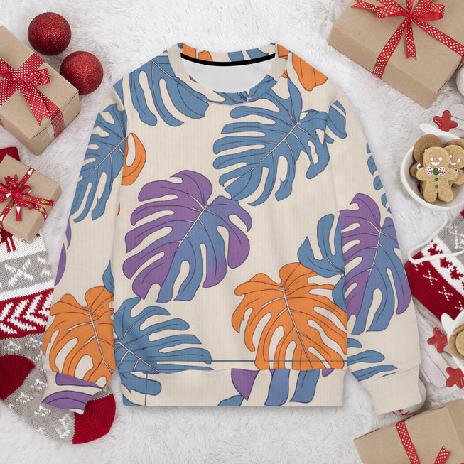 Bold Tropical Leaf Pattern Crew Neck Sweater