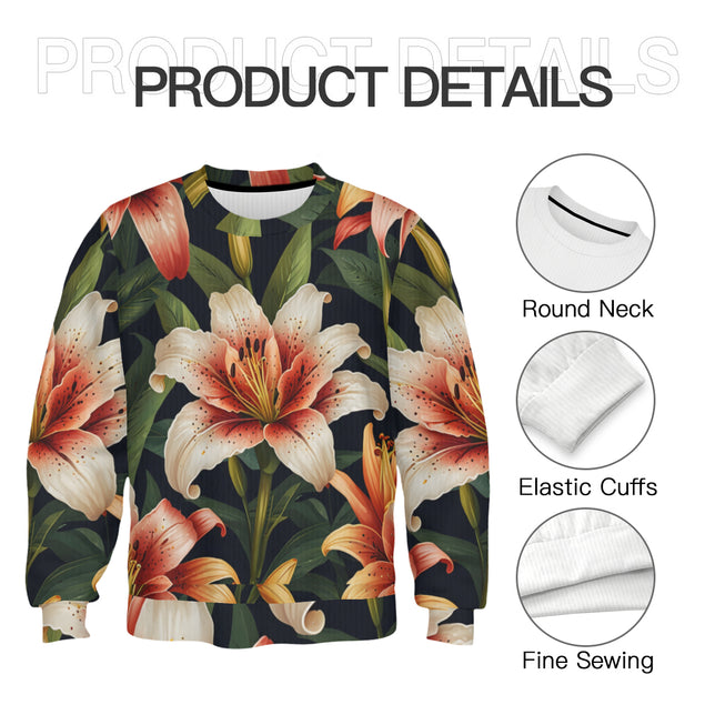 Lily Flower Pattern Crew Neck Sweater