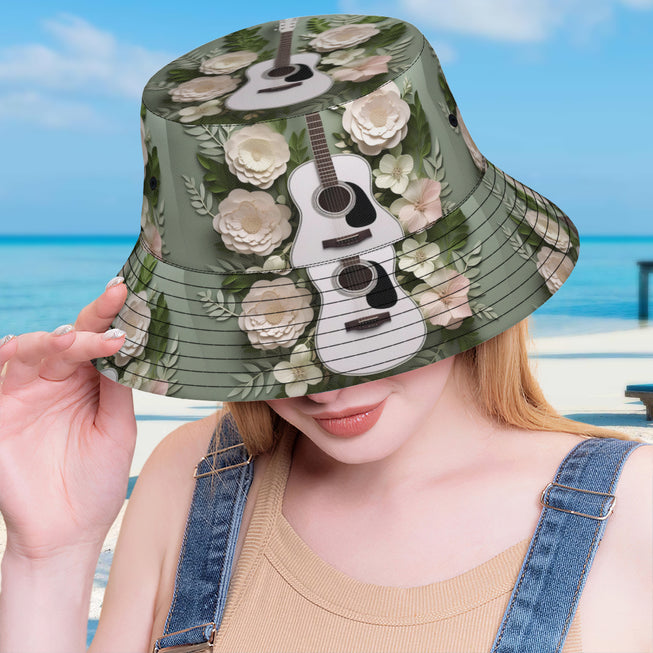 Floral Guitar Double-Sided Unisex Polyester Bucket Hat