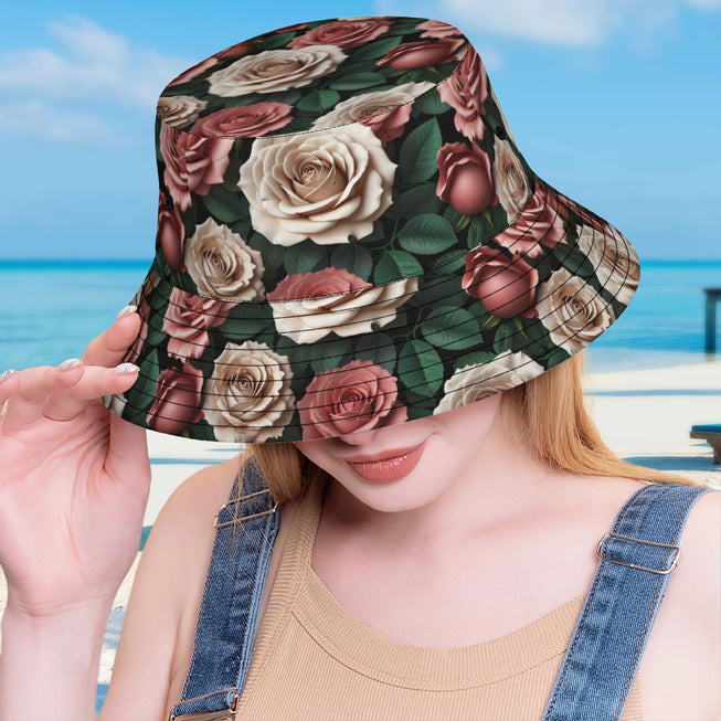 Rose Pattern Double-Sided Unisex Polyester Bucket Hat