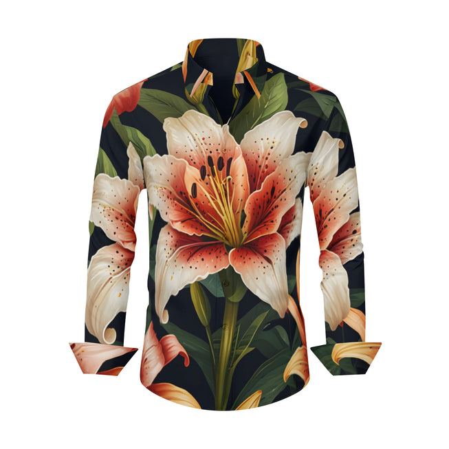 Lily Flower Pattern Men's Classic Long-Sleeved Shirt