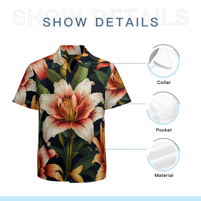 Lily Flower Pattern Men's Casual Short-Sleeved Shirt