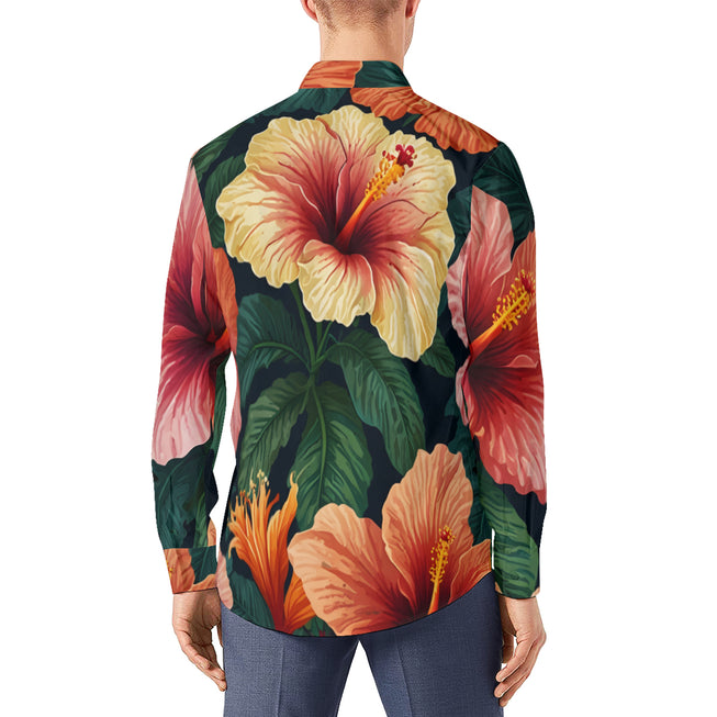 Hibiscus Tropical Pattern Men's Classic Long-Sleeved Shirt