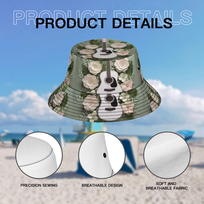 Floral Guitar Double-Sided Unisex Polyester Bucket Hat