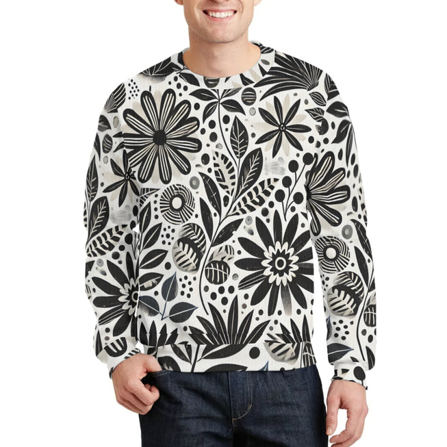 Black Floral Shapes Crew Neck Sweater