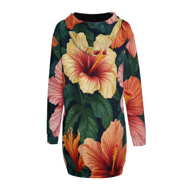 Hibiscus Tropical Pattern Women Long Sleeve Casual Hoodie Sweatshirt Dress