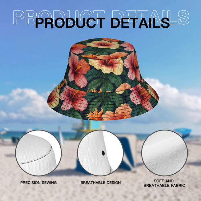 Hibiscus Tropical Pattern Double-Sided Unisex Polyester Bucket Hat