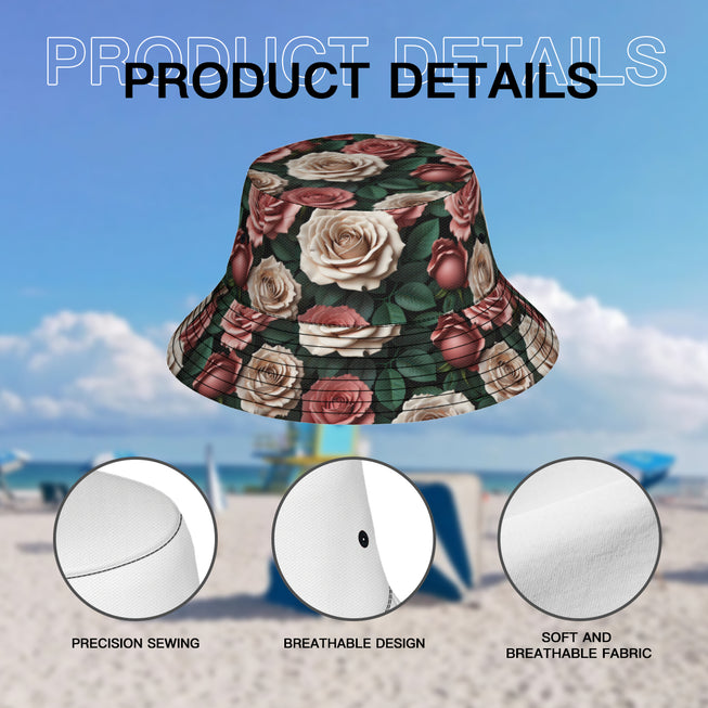 Rose Pattern Double-Sided Unisex Polyester Bucket Hat