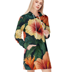 Hibiscus Tropical Pattern Women Long Sleeve Casual Hoodie Sweatshirt Dress