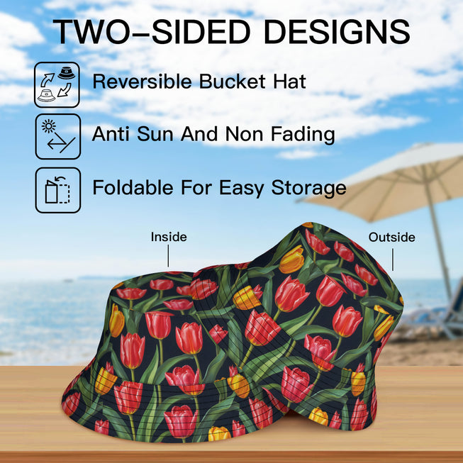 Tulip Pattern Double-Sided Unisex Polyester Bucket Hat