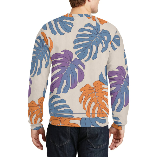 Bold Tropical Leaf Pattern Crew Neck Sweater