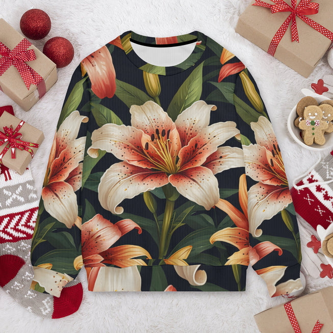Lily Flower Pattern Crew Neck Sweater