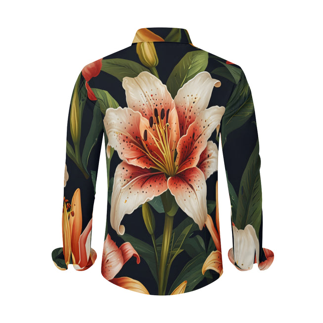 Lily Flower Pattern Men's Classic Long-Sleeved Shirt