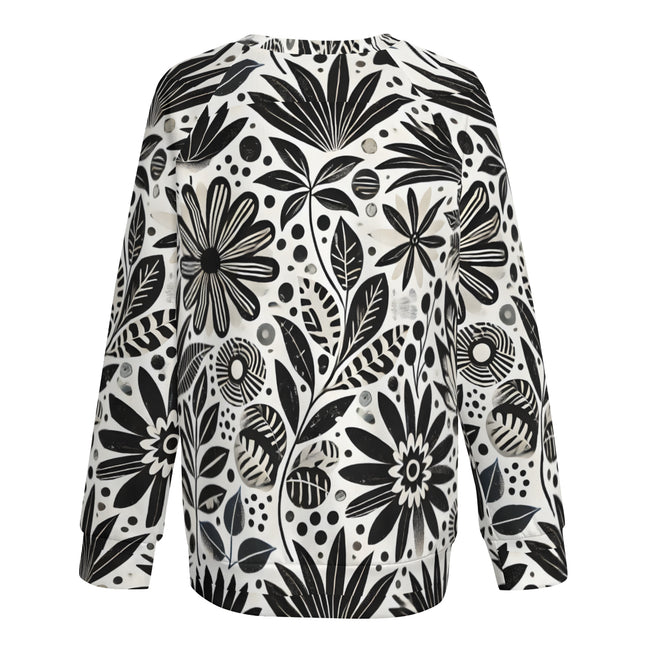 Black Floral Shapes Women's Raglan Long Sleeved Sweatsirt