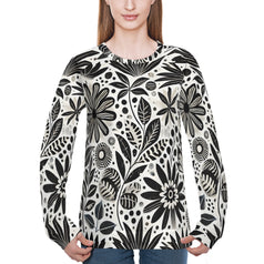 Black Floral Shapes Women's Raglan Long Sleeved Sweatsirt