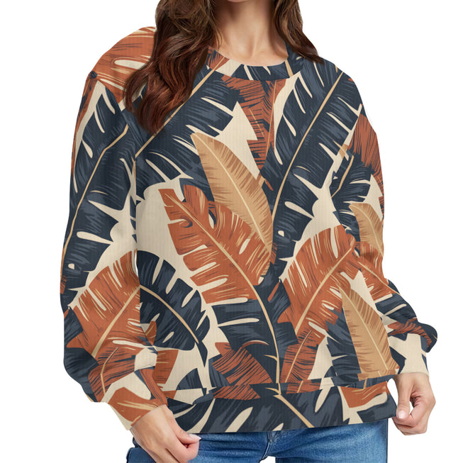 Tropical Leaves Pattern Crew Neck Sweater