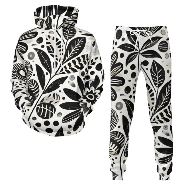 Black Floral Shapes Men's Adult Hoodie Set