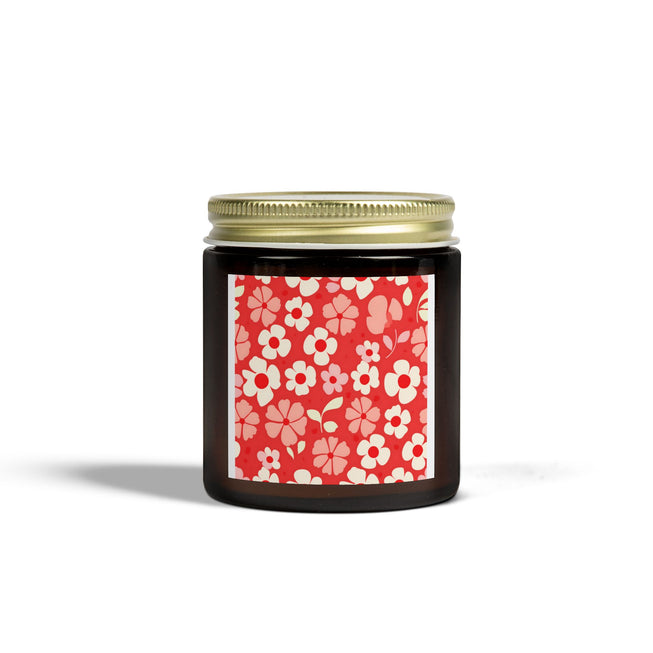 Red Floral Pattern Scented Coconut Apricot Candles (4oz, 9oz)