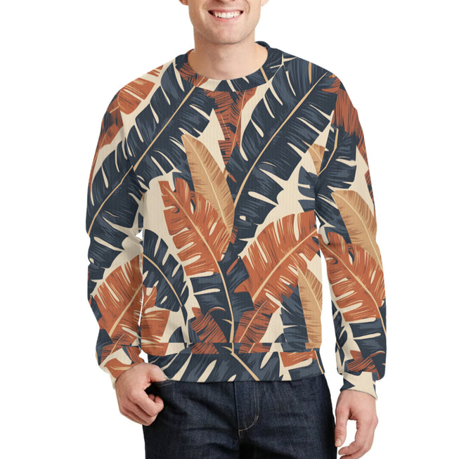 Tropical Leaves Pattern Crew Neck Sweater