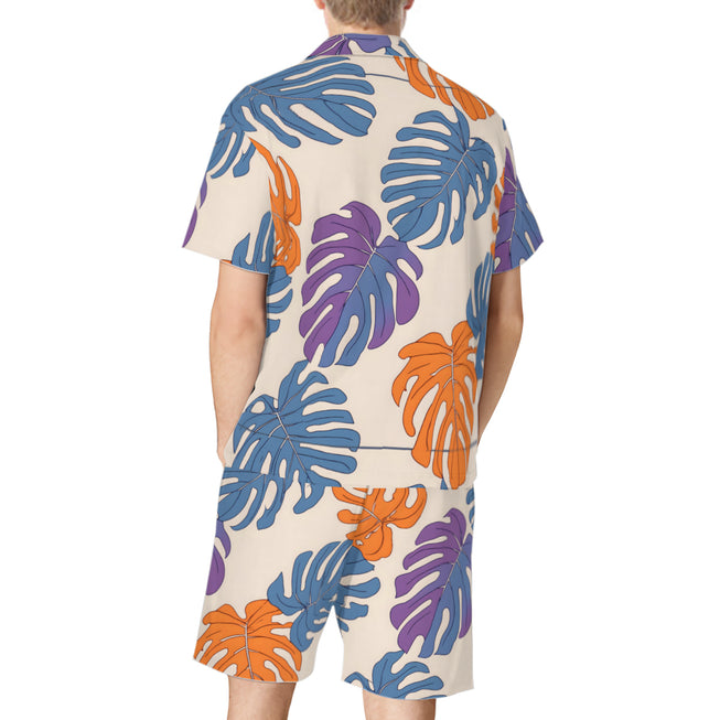 Bold Tropical Leaf Pattern Men's Shirt And Short Set