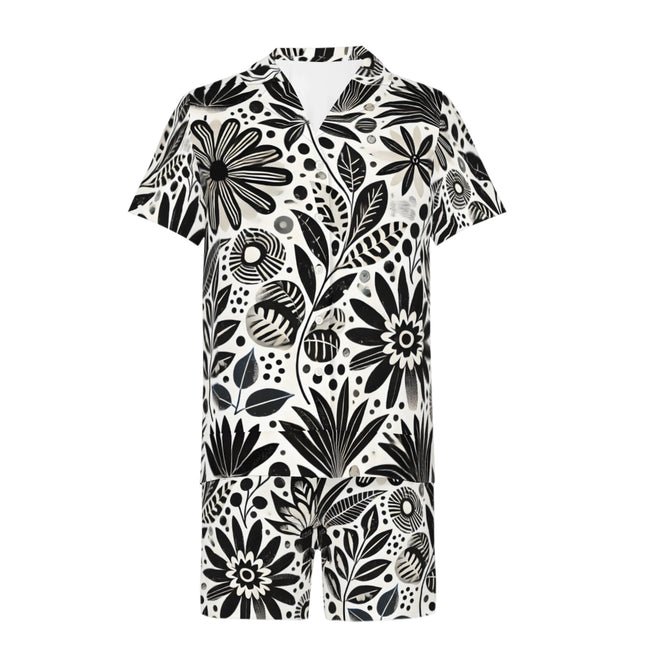 Black Floral Shapes Men's Shirt And Short Set