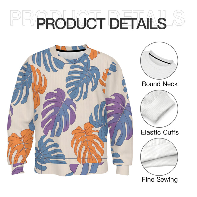 Bold Tropical Leaf Pattern Crew Neck Sweater