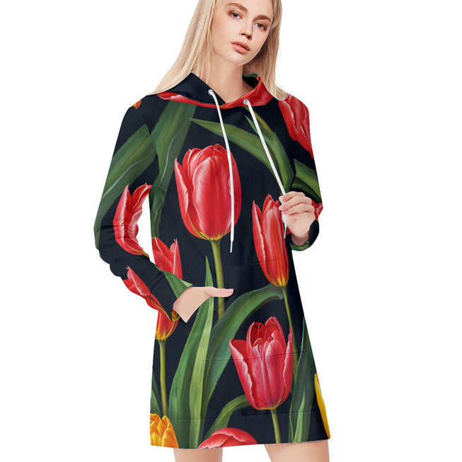 Tulip Pattern Women Long Sleeve Casual Hoodie Sweatshirt Dress