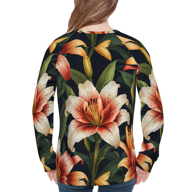 Lily Flower Pattern Women's Raglan Long Sleeved Sweatshirt