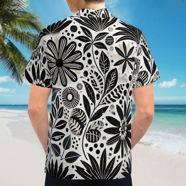 Black Floral Shapes Men's Casual Short-Sleeved Shirt