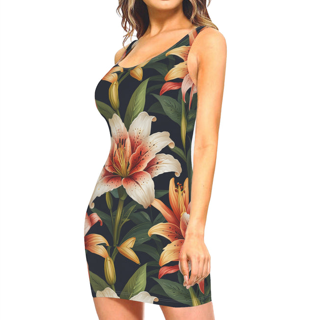 Lily Flower Pattern Sleeveless Slim-Fit Euro-Size Tank Slip Dress