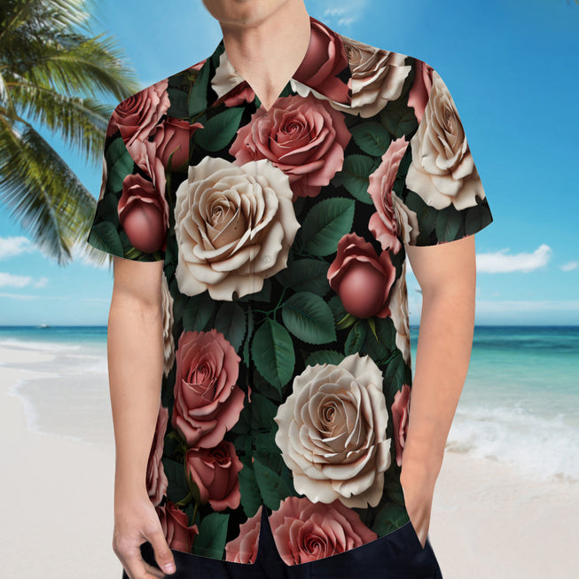 Rose Pattern Men's Casual Short-Sleeved Shirt