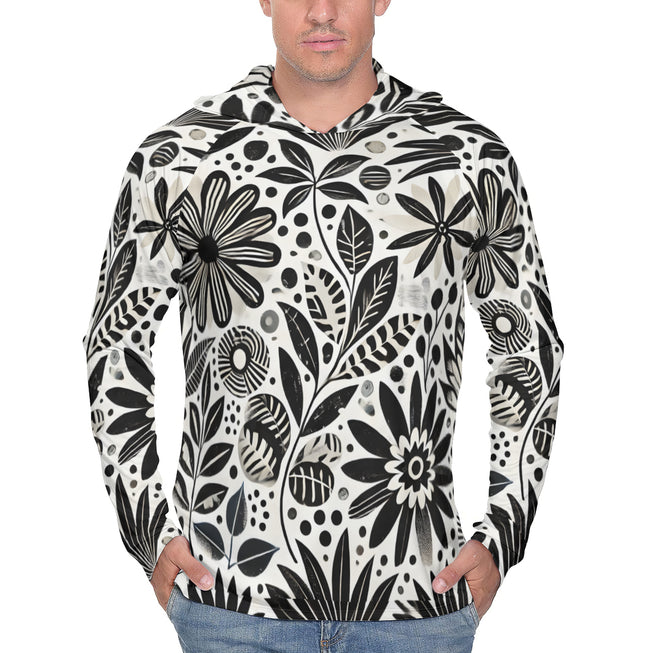 Black Floral Shapes Men's Sun Protection Long Sleeve Hoodie